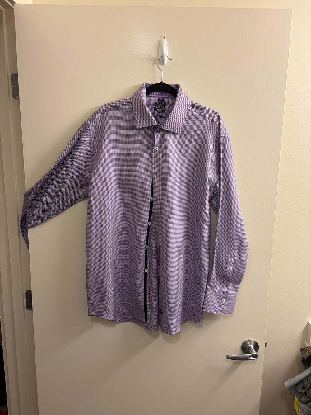 English Laundry Neck Sz 19 Flip Cuff Purple Gingham Check Dress Shirt Clubwear